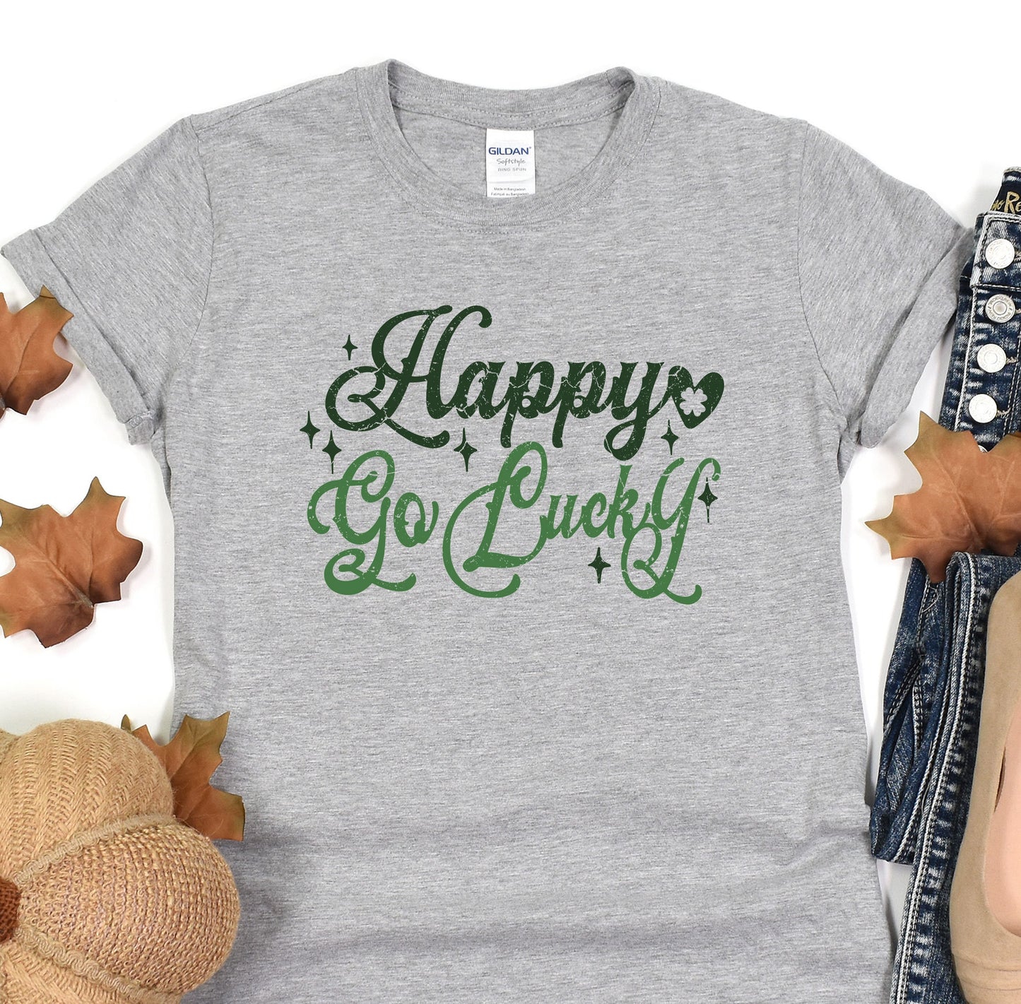 a t - shirt that says happy go lucky on it