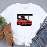 a white t - shirt with a red car on it