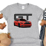 a grey t - shirt with a red mustang on it