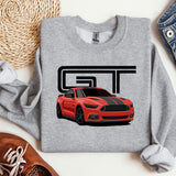 a gray sweatshirt with a red mustang on it