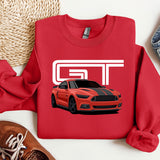 a red sweatshirt with a picture of a mustang on it