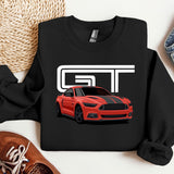 a black sweatshirt with a red mustang on it