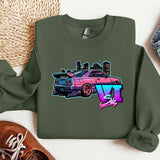 a green sweatshirt with a pink car on it