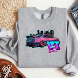 a gray shirt with a pink car on it