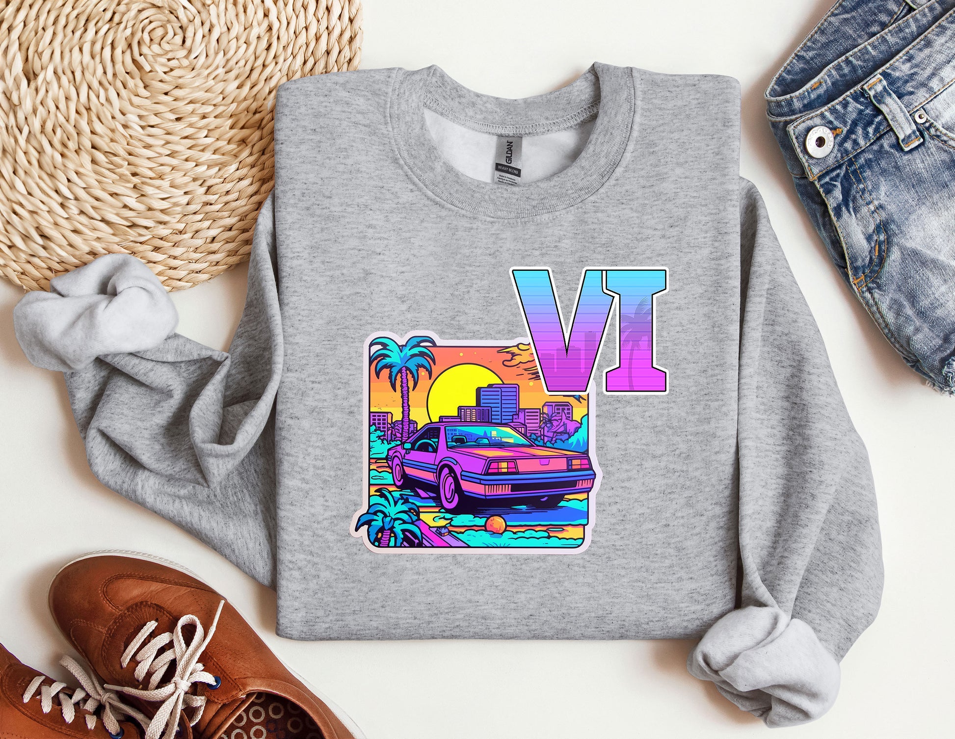 a grey sweatshirt with a vw design on it