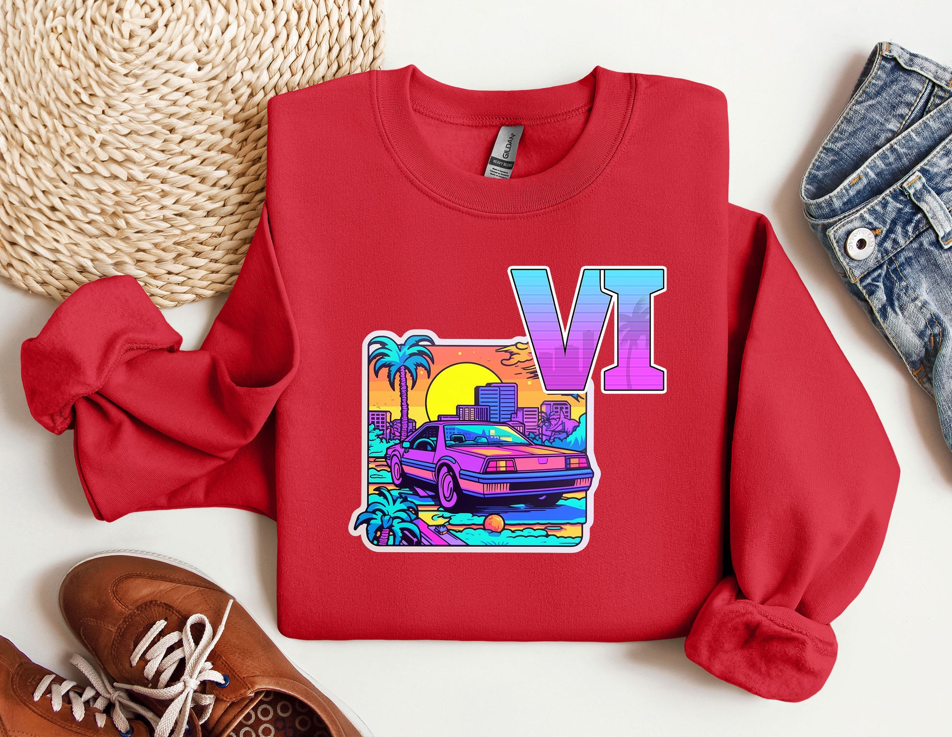 a red sweatshirt with the letter v on it