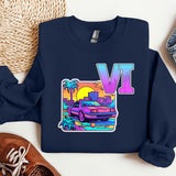 a blue sweatshirt with the letter v on it
