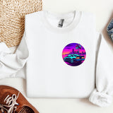 a white sweatshirt with a picture of a car and palm trees on it