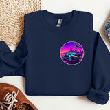 a blue sweatshirt with a picture of a car on it
