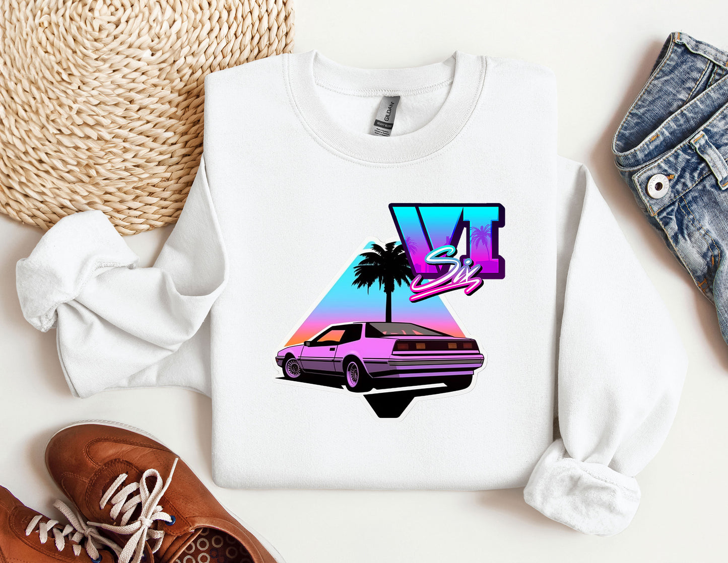 a t - shirt with a picture of a car and a palm tree