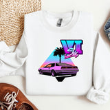 a t - shirt with a picture of a car and a palm tree