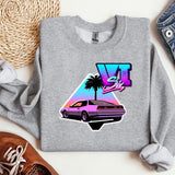 a t - shirt with a picture of a car and a palm tree