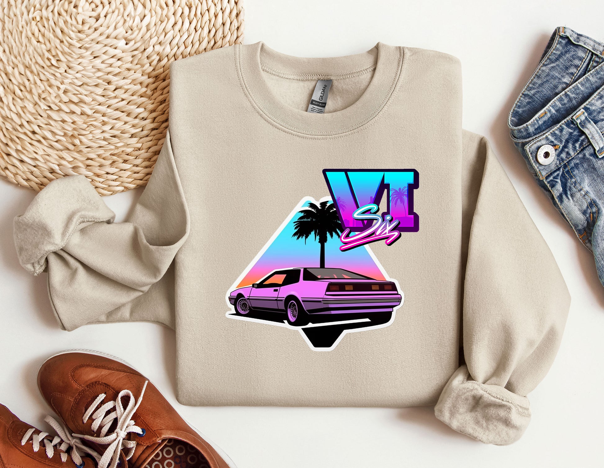 a t - shirt with a picture of a car and a palm tree