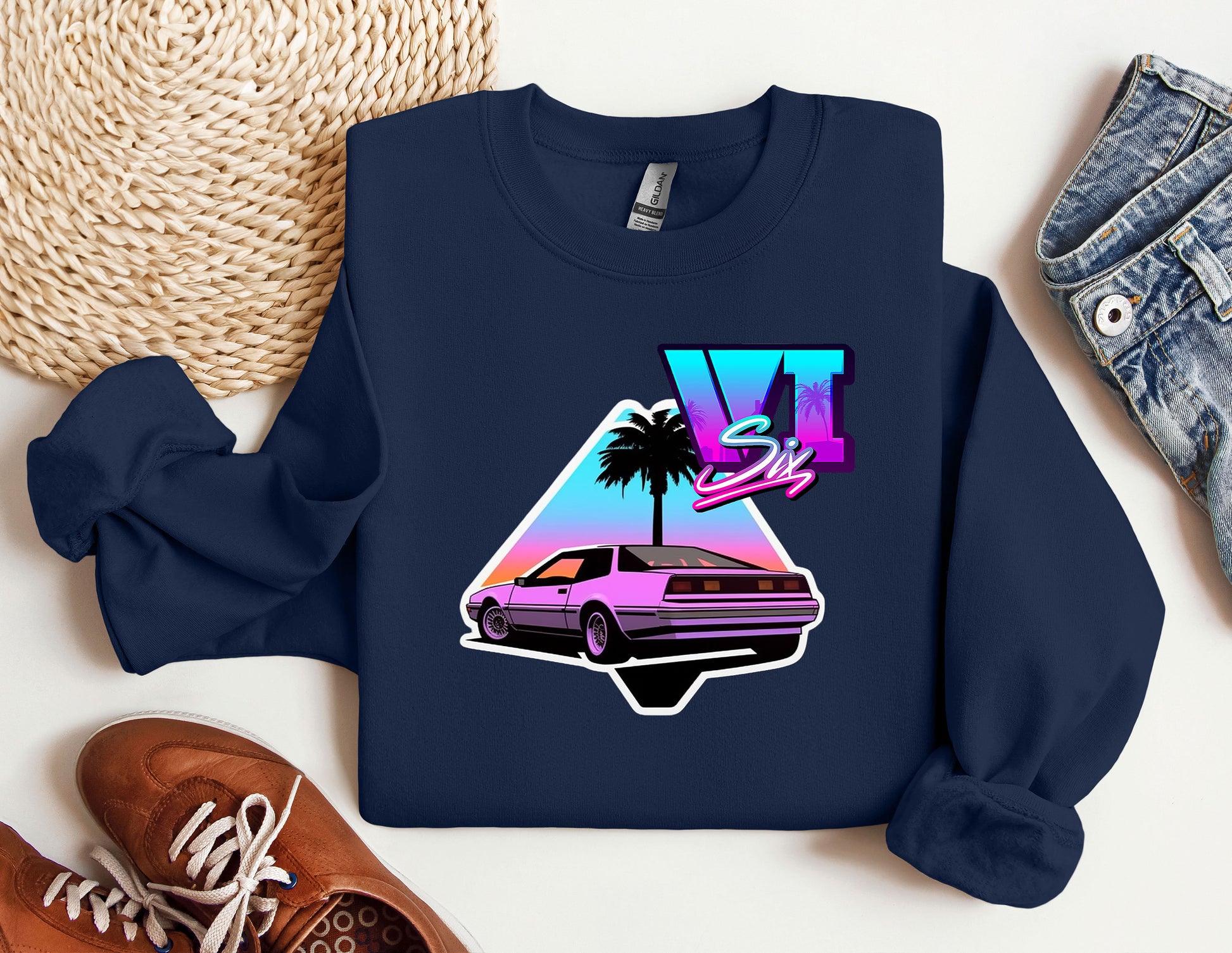 a t - shirt with a car and palm tree on it