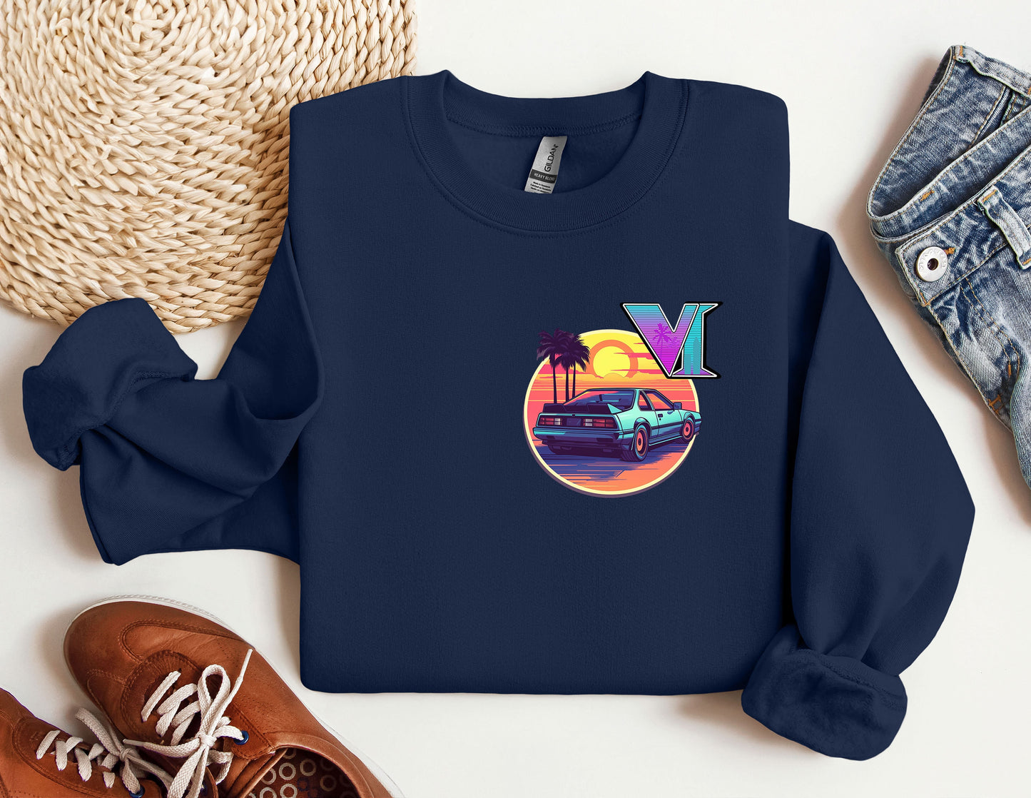 a blue sweatshirt with a picture of a vw bus on it