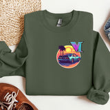 a green sweatshirt with a picture of a vw bus and palm trees