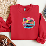 a red sweatshirt with a picture of a car on it
