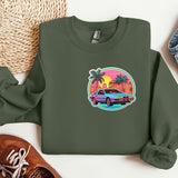 a green sweatshirt with a picture of a car on it