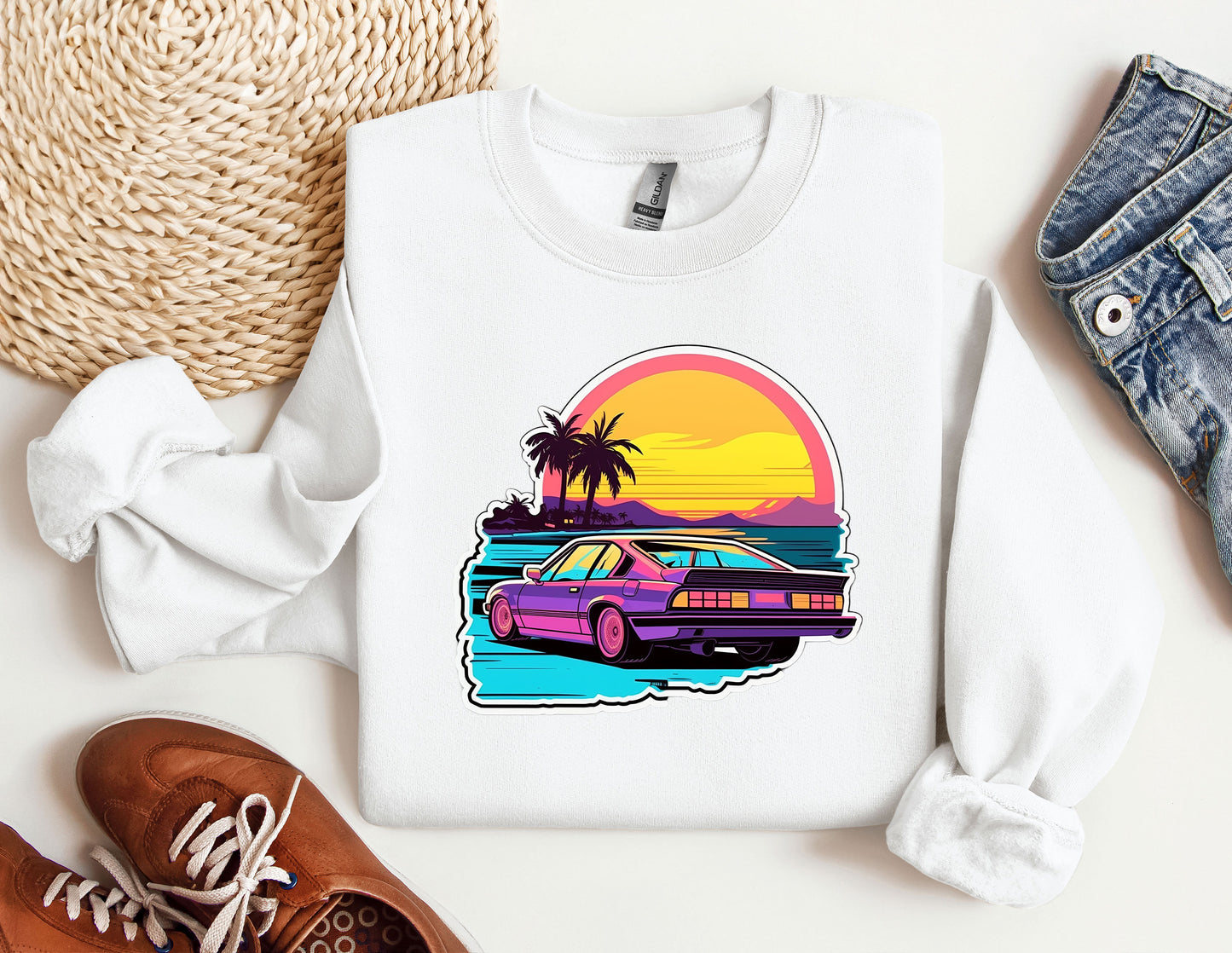 a white shirt with a purple car and palm trees on it