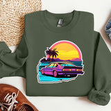 a green sweatshirt with a picture of a car on it