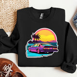 a black sweatshirt with a purple car and palm trees on it