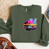 a green sweatshirt with a picture of a car and palm trees