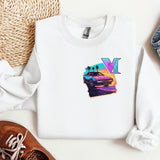 a white sweatshirt with a picture of a car on it
