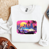 a white sweatshirt with a picture of a car on it