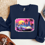 a blue sweatshirt with a picture of a car on it
