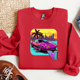 a red shirt with a picture of a car on it