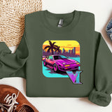 a green sweatshirt with a picture of a car on it