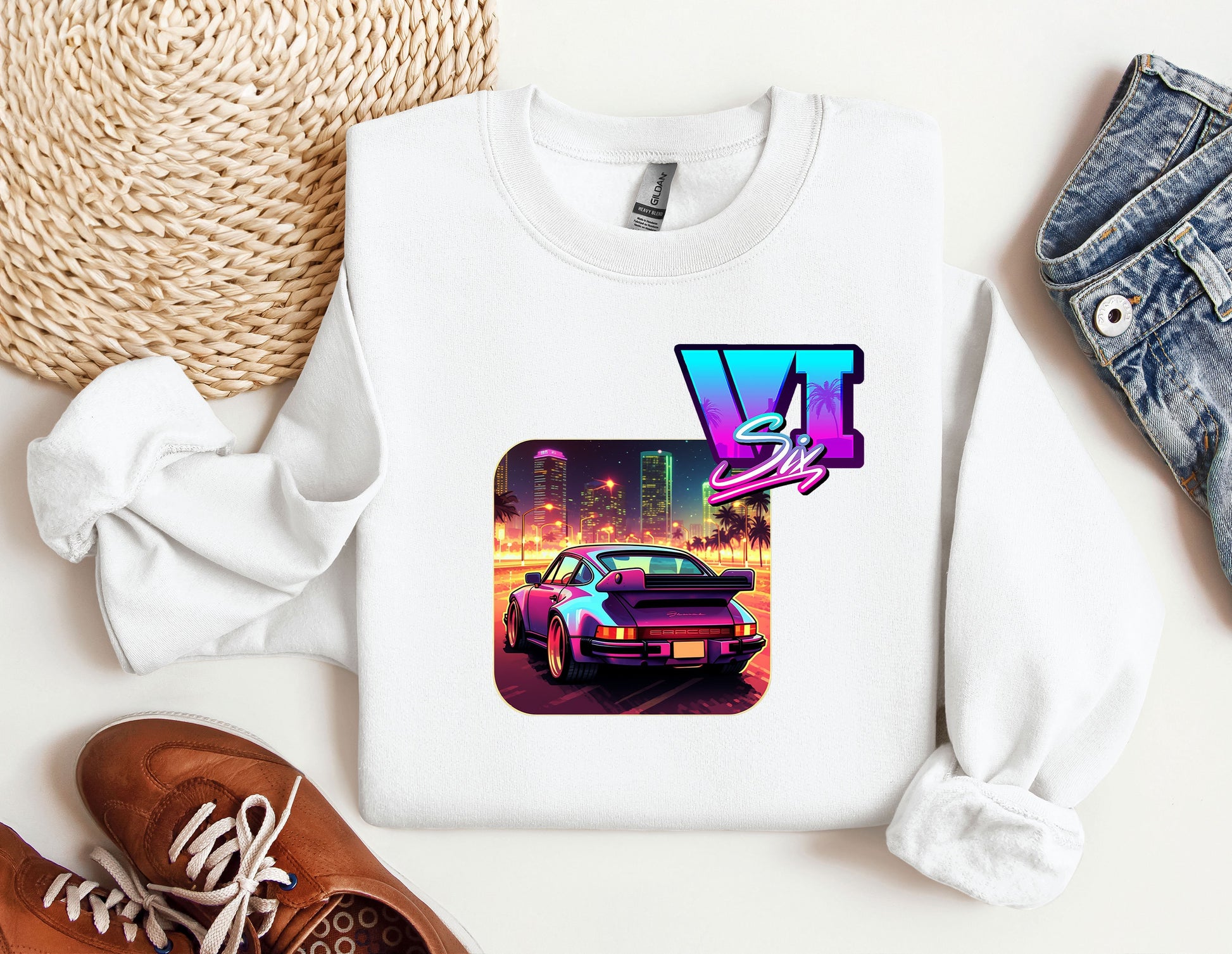 a white shirt with a picture of a car on it