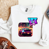 a white shirt with a picture of a car on it