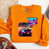 an orange shirt with a picture of a car on it