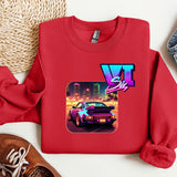 a red shirt with a picture of a car on it