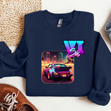 a blue sweatshirt with a picture of a car on it