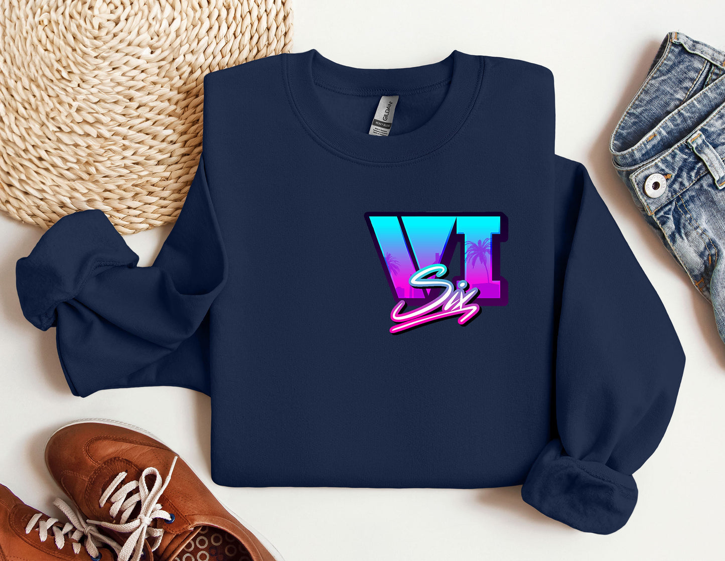 a blue sweatshirt with the letter v on it