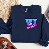 a blue sweatshirt with the letter v on it