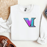 a sweater with the letter v on it next to a pair of shoes