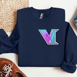 a blue sweatshirt with the letter v on it