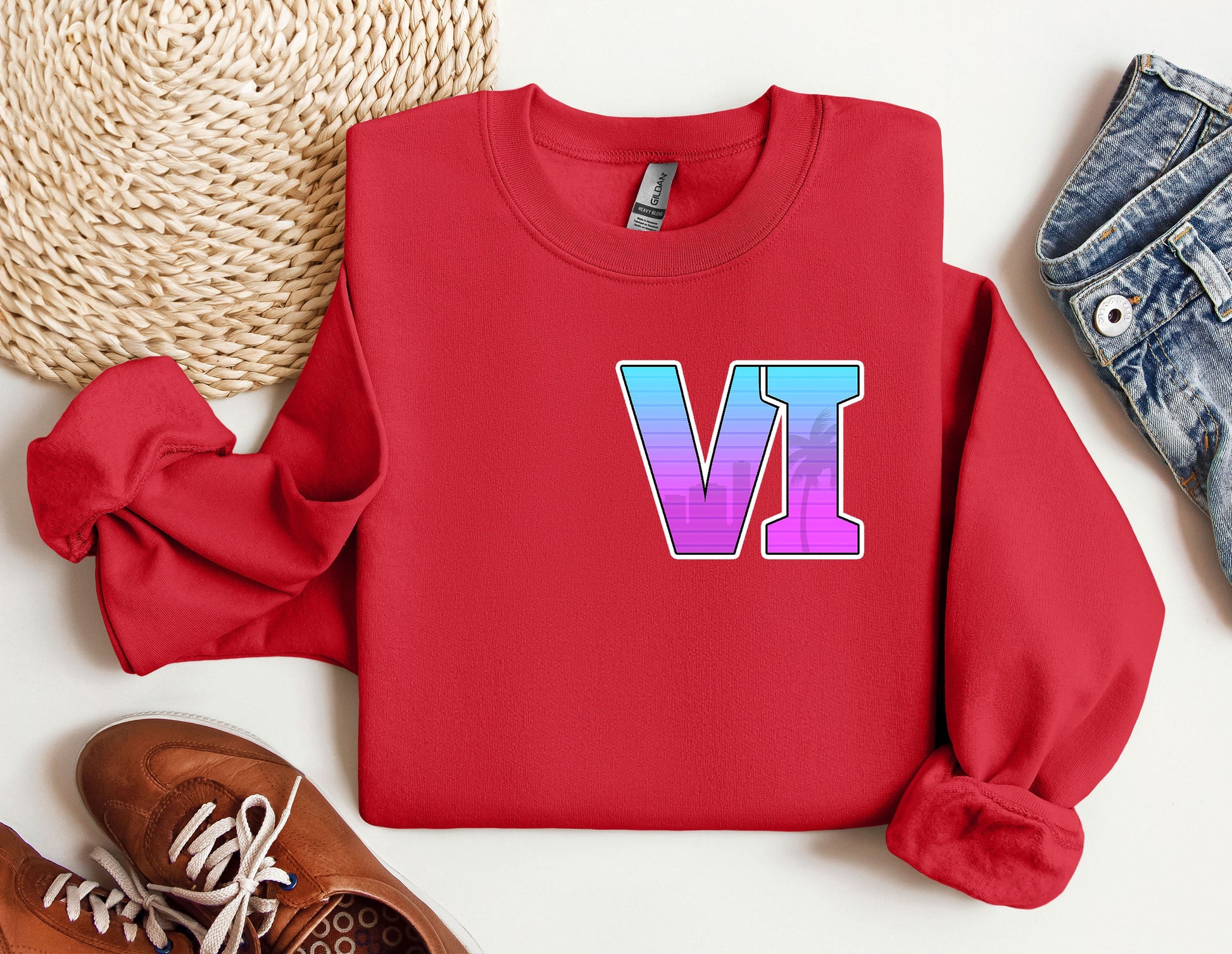 a red sweatshirt with the letter v on it