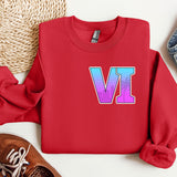 a red sweatshirt with the letter v on it