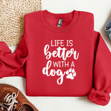 a red sweatshirt with a dog's paw on it