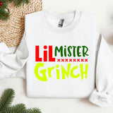 a white sweater with the words, lil mister grin on it