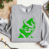 a grey sweatshirt with a green cat on it