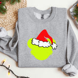 a grey sweatshirt with a santa hat on it