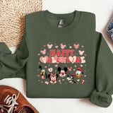 a green sweatshirt with mickey and minnie mouses on it