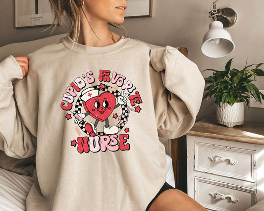 a woman wearing a sweatshirt with a heart on it