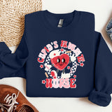 a blue sweatshirt with a red heart on it