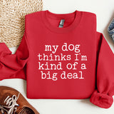 a red sweatshirt with the words my dog thinks i'm kind of a big